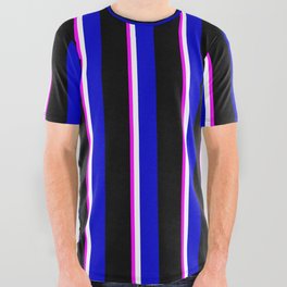[ Thumbnail: Fuchsia, White, Blue, and Black Colored Lines Pattern All Over Graphic Tee ]