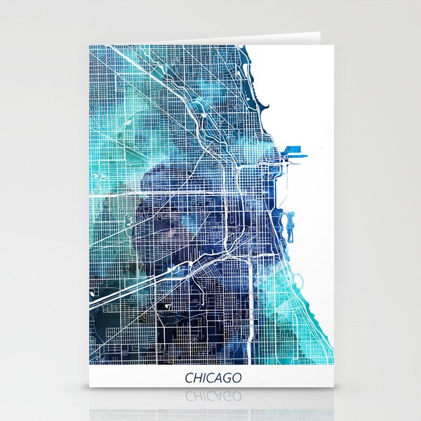 Chicago Illinois Map Navy Blue Turquoise Watercolor Stationery Cards