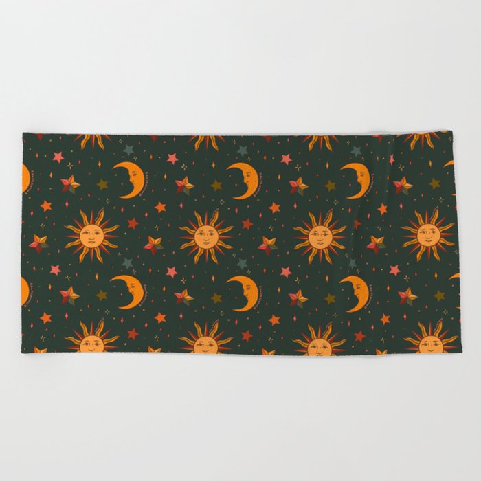 Folk Moon and Star Print in Teal Beach Towel