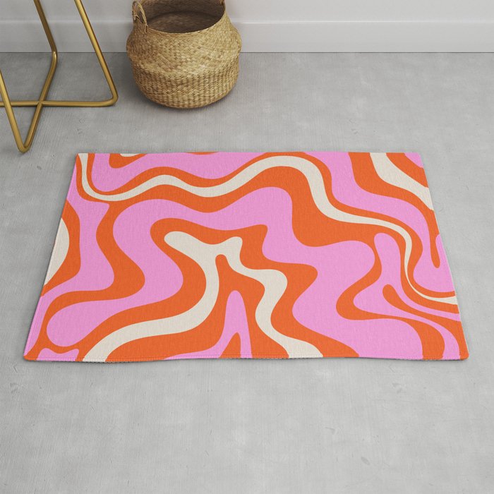 Retro Liquid Swirl Abstract Pattern Bright Pink Orange Cream Rug