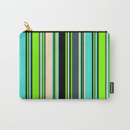 [ Thumbnail: Eyecatching Green, Dark Slate Gray, Bisque, Turquoise, and Black Colored Lined Pattern Carry-All Pouch ]
