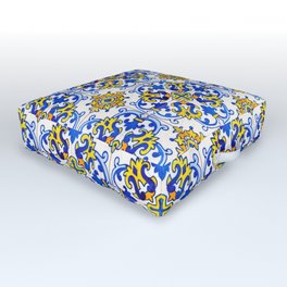 Blue Yellow Seamless Pattern Antique Portuguese Azulejo Tile Outdoor Floor Cushion