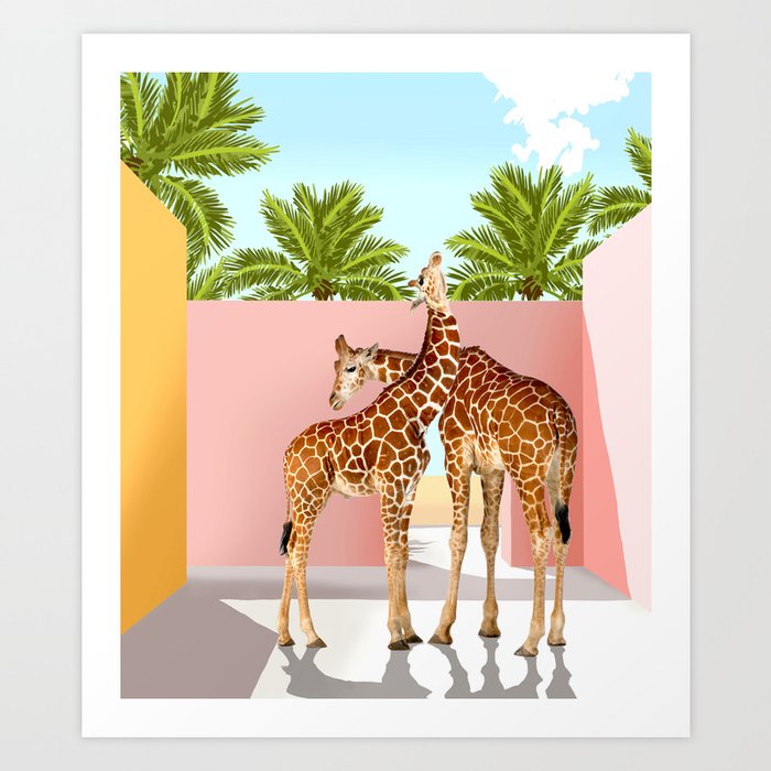 Giraffe Villa | Contemporary Modern Architecture Digital Graphic Art | Wildlife Animals Palm Exotic Art Print