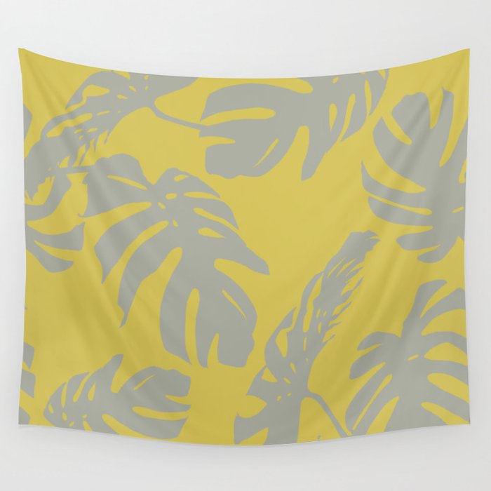 Palm Leaves Retro Gray on Mod Yellow Wall Tapestry