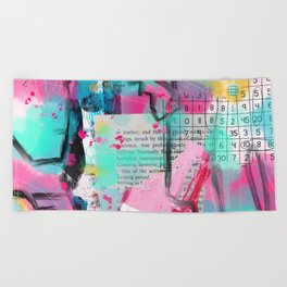 Turquoise, pink and yellow digital acrylic watercolor collage design Beach Towel