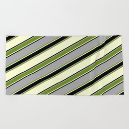 [ Thumbnail: Dark Grey, Green, Light Yellow, and Black Colored Lined Pattern Beach Towel ]