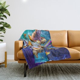 Outer Space Cats With Rainbow Laser Eyes Riding On Pizza Throw Blanket