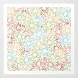 Green, Blue and Oranges Daisy Pattern Art Print