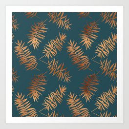Copper Tropical Leaves On Emerald Texture Art Print