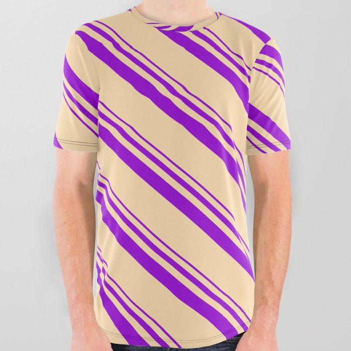 Dark Violet and Tan Colored Stripes/Lines Pattern All Over Graphic Tee