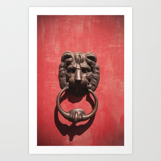 Red Door with Lion head Art Print
