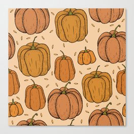 Autumn seamless pattern with different pumpkins and seeds on beige background Canvas Print