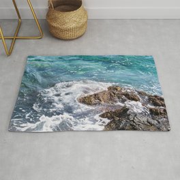 Blue Aegean Sea And Volcanic Rock Formation Photography  Area & Throw Rug