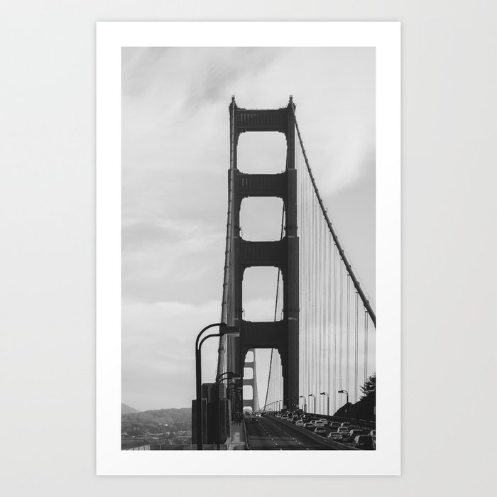 Traffic Golden Gate Bridge Black and White  Art Print