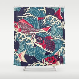 Colorful japanese Koi/carp fish in the wave seamless pattern Shower Curtain