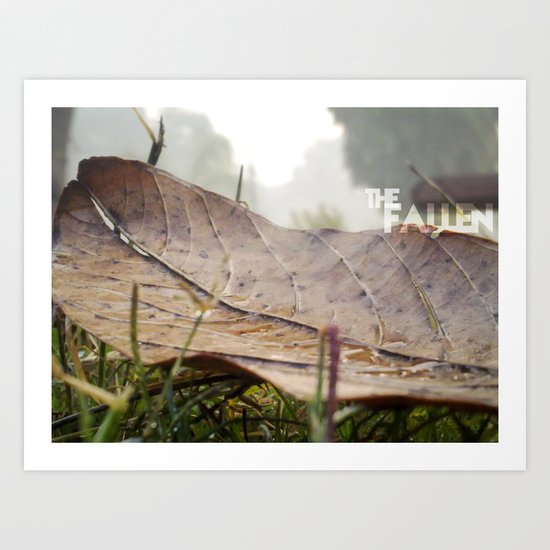 Dew drops on a fallen leaf Art Print