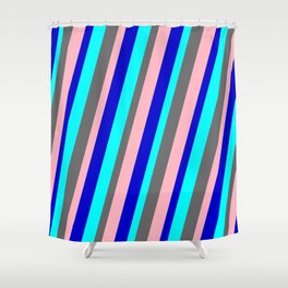 [ Thumbnail: Cyan, Dim Gray, Light Pink & Blue Colored Striped Pattern Shower Curtain ]