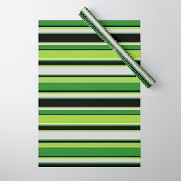 [ Thumbnail: Green, Light Gray, Forest Green, and Black Colored Stripes Pattern Wrapping Paper ]