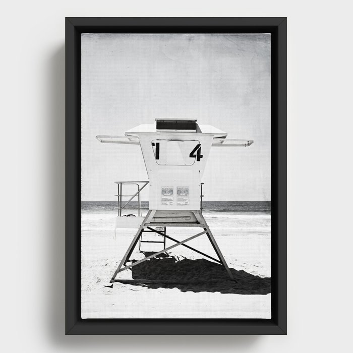 Black and White Beach Photography, Grey Lifeguard Stand, Gray Coastal Nautical Art Framed Canvas
