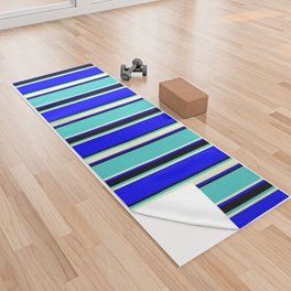 [ Thumbnail: Blue, Light Yellow, Turquoise, and Black Colored Striped/Lined Pattern Yoga Towel ]