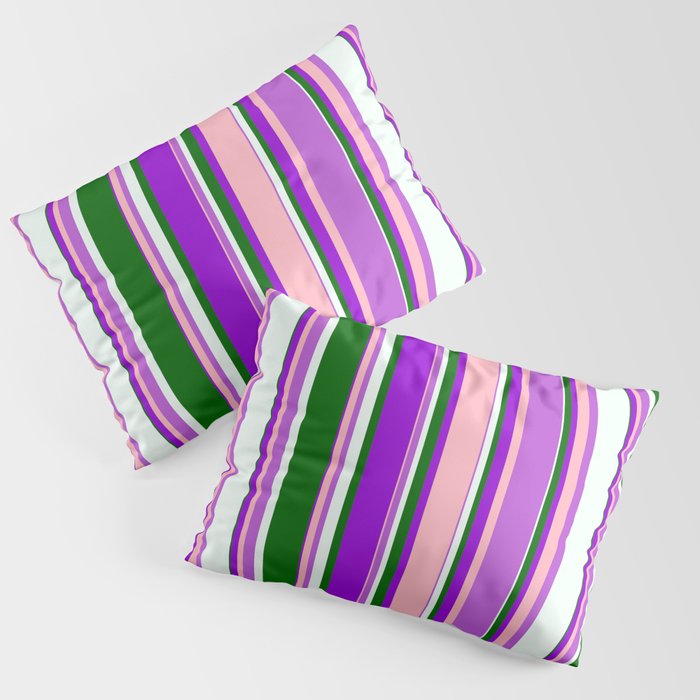 Eyecatching Orchid, Light Pink, Dark Violet, Dark Green & Mint Cream Colored Lines/Stripes Pattern Pillow Sham