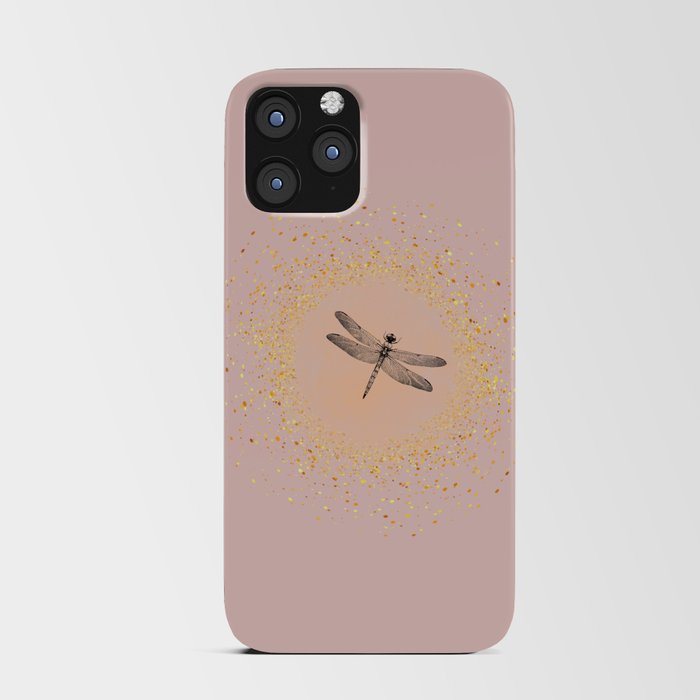 Sketched Dragonfly and Gold Circle Frame on Pastel Pink iPhone Card Case