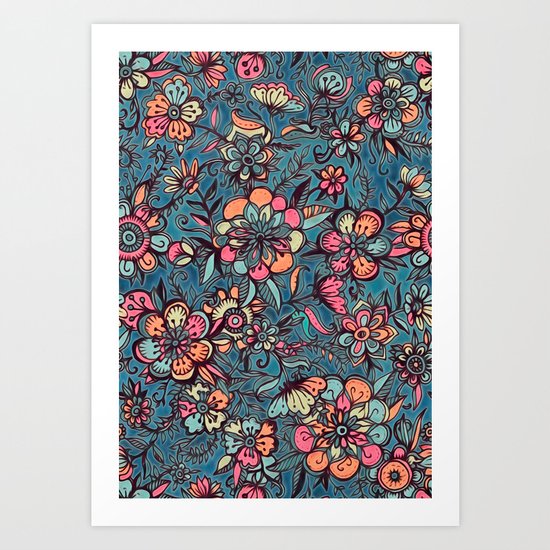Sweet Spring Floral - melon pink, butterscotch & teal Art Print