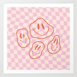 Groovy Warped Smiley Faces on Wavy Checkered Art Print