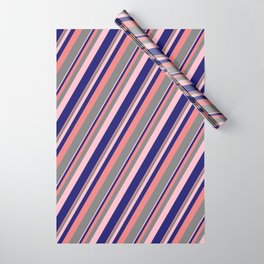 [ Thumbnail: Light Coral, Gray, Pink & Midnight Blue Colored Stripes Pattern Wrapping Paper ]
