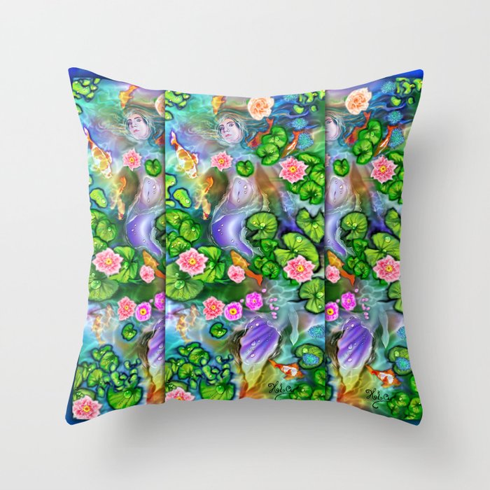 Mermaid in the lily pond Throw Pillow