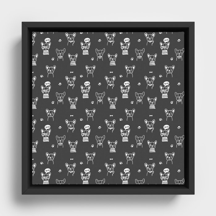 Dark Grey and White Hand Drawn Dog Puppy Pattern Framed Canvas