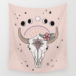Boho Tribal Cow Skull with Flowers - blush Wall Tapestry | Western, Boho, Pretty, Hand Drawn, Girly, Pink, Pastel, Blush, Flowers, Rainbow 