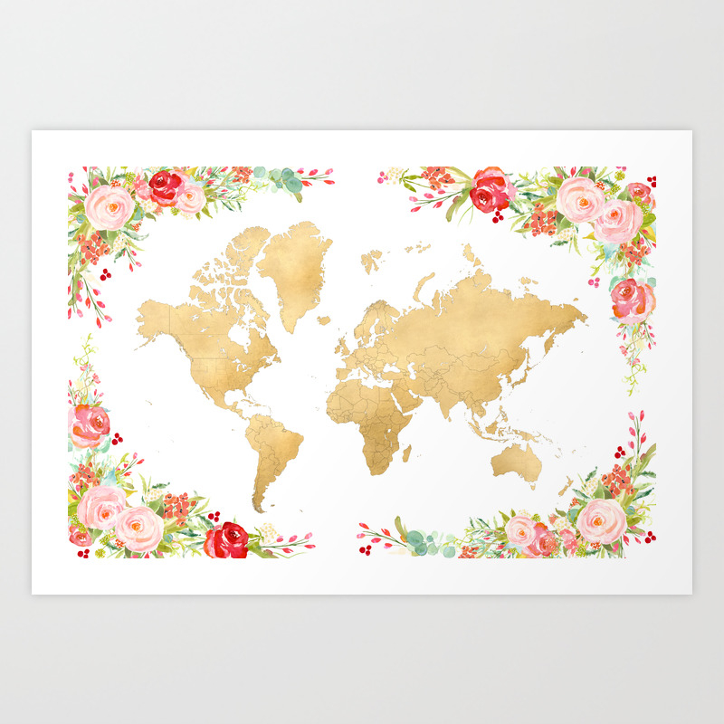 Floral and gold world map without labels Art Print