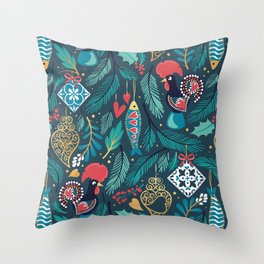 Portuguese Christmas Tree // blue background green and aqua pine leaves multicoloured symbolic decorations Barcelo roosters sardines tiles golden Viana hearts and details Throw Pillow