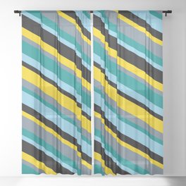 [ Thumbnail: Yellow, Slate Gray, Dark Cyan, Sky Blue & Black Colored Striped Pattern Sheer Curtain ]