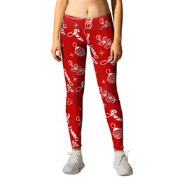 Red and White Christmas Snowman Doodle Pattern Leggings