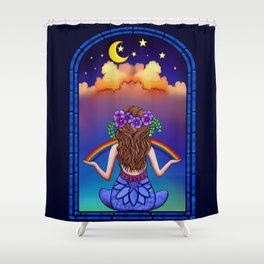 Midnight Window Crescent Moon Meditation - colorful print metaphysical Spiritual art Shower Curtain