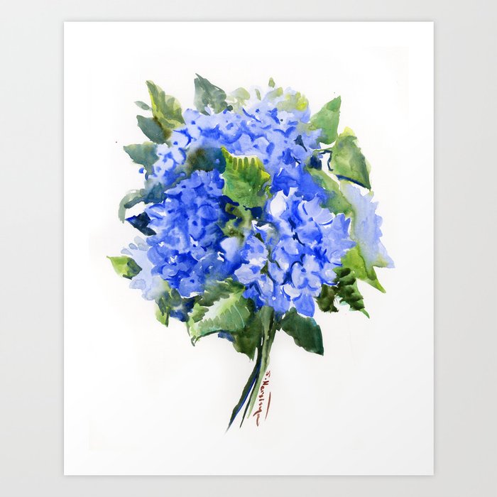 Hydrangea Flowers, floral sky blue soft green Sage colored art Art Print
