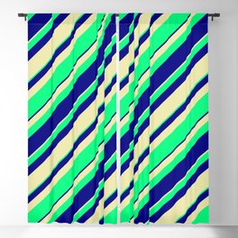 [ Thumbnail: Pale Goldenrod, Green, and Blue Colored Stripes/Lines Pattern Blackout Curtain ]