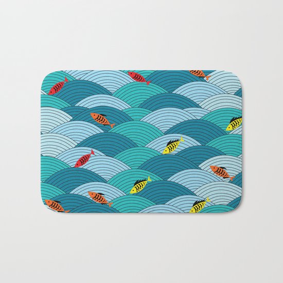 wave and fish Bath Mat