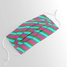 [ Thumbnail: Dim Gray, Deep Pink, Forest Green & Cyan Colored Stripes/Lines Pattern Face Mask ]