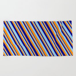 [ Thumbnail: Dark Orange, Dark Blue & Light Sky Blue Colored Lines/Stripes Pattern Beach Towel ]
