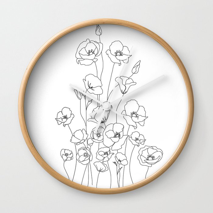 Poppy Flowers Line Art Wall Clock