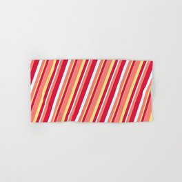 [ Thumbnail: Crimson, Light Cyan, Salmon & Tan Colored Stripes Pattern Hand & Bath Towel ]