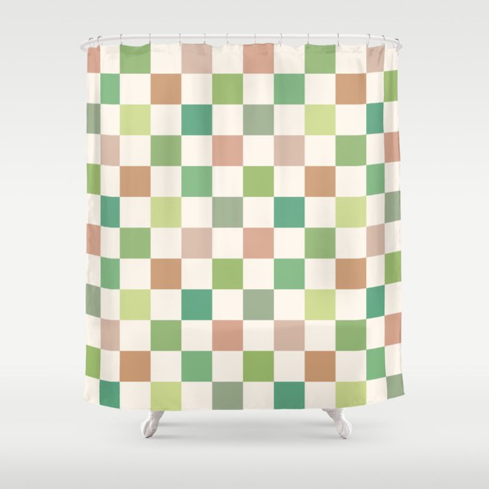 Green & Beige Neutral Checker Shower Curtain