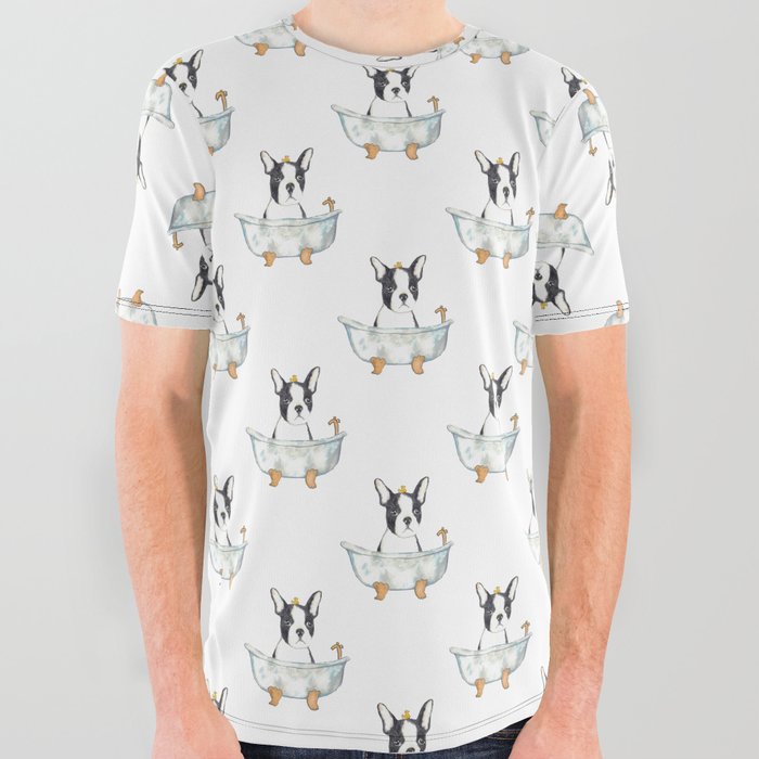 Boston Terrier taking bath watercolor All Over Graphic Tee