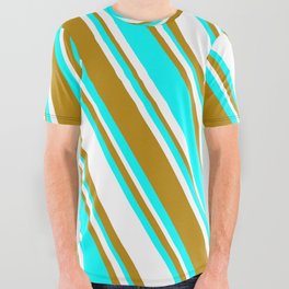 [ Thumbnail: White, Dark Goldenrod, and Aqua Colored Striped Pattern All Over Graphic Tee ]