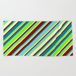 [ Thumbnail: Light Sky Blue, Green, Light Yellow, Dark Red, and Teal Colored Lined/Striped Pattern Beach Towel ]
