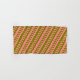 [ Thumbnail: Light Coral & Green Colored Striped/Lined Pattern Hand & Bath Towel ]