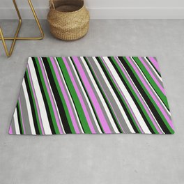 [ Thumbnail: Colorful Gray, Violet, Forest Green, Black & White Colored Striped Pattern Rug ]